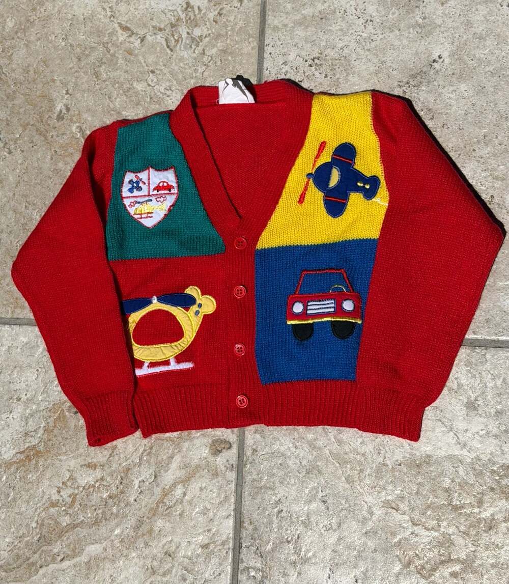 Vintage McKids Toddler 4T Colorblock Cardigan with Transportation Embroidery